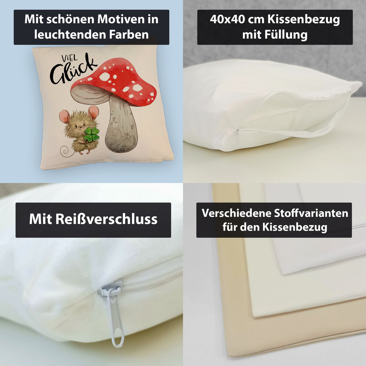 Maus mit Fliegenpilz Kissen mit Spruch Viel Glück