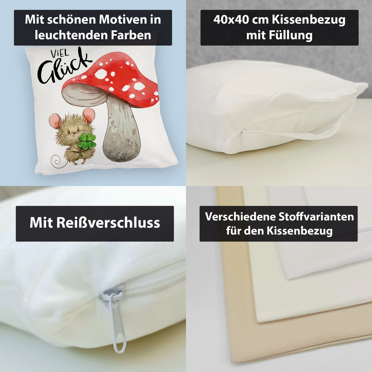 Maus mit Fliegenpilz Kissen mit Spruch Viel Glück