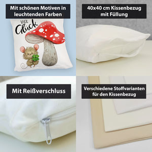 Maus mit Fliegenpilz Kissen mit Spruch Viel Glück