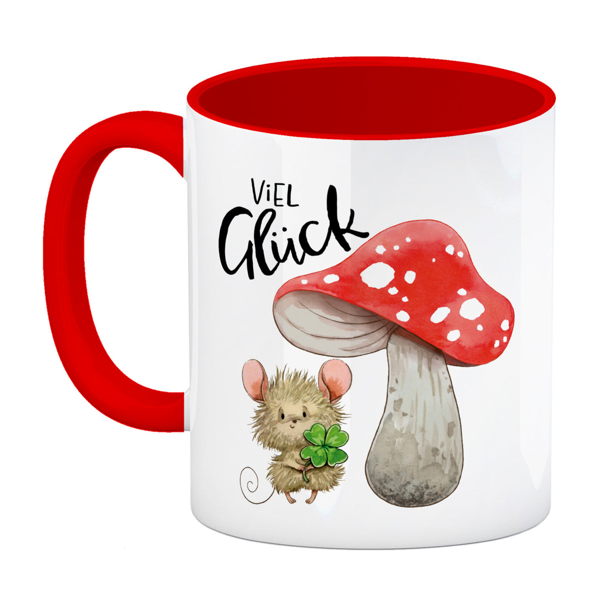Maus mit Fliegenpilz Kaffeebecher mit Spruch Viel Glück
