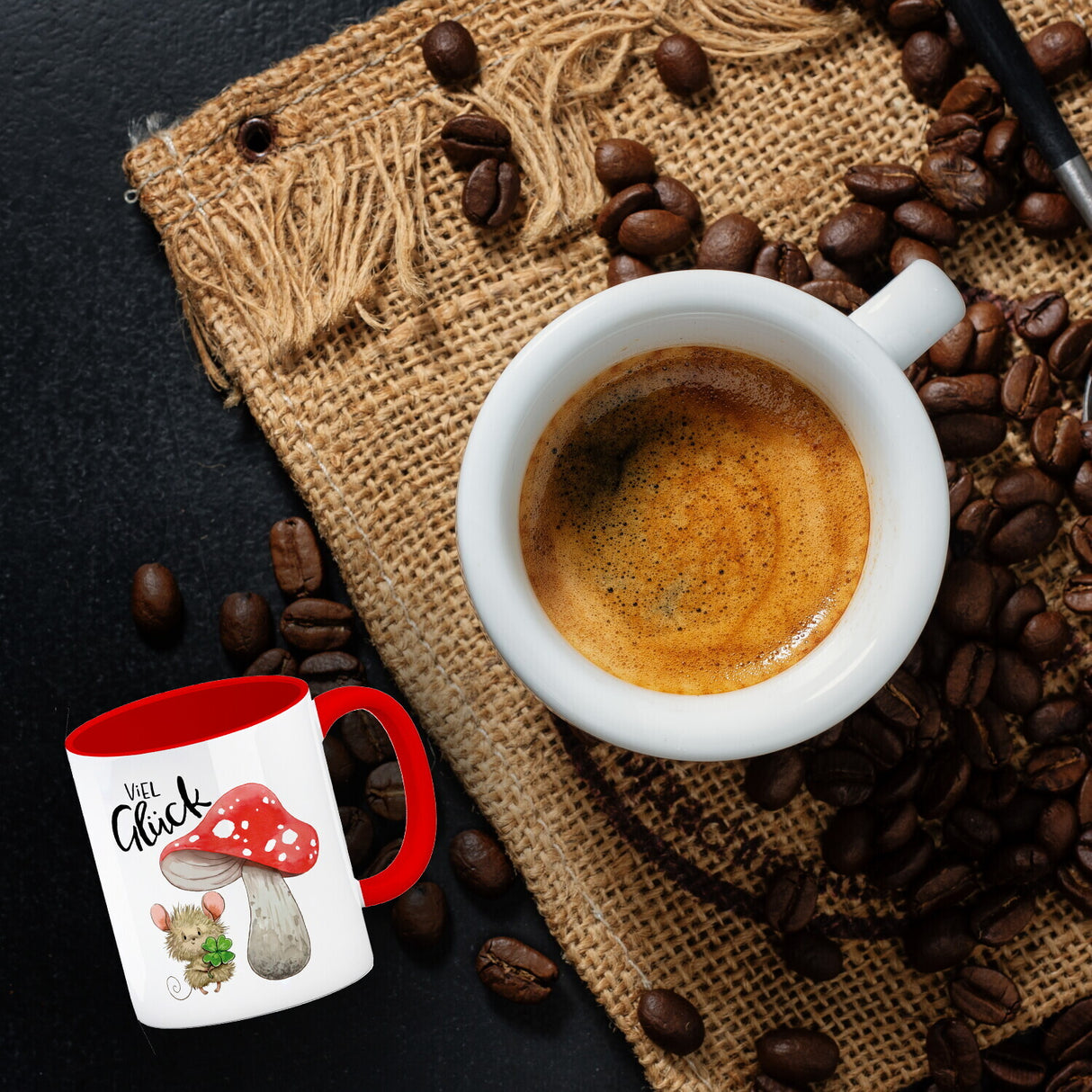Maus mit Fliegenpilz Kaffeebecher mit Spruch Viel Glück