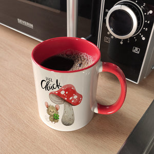 Maus mit Fliegenpilz Kaffeebecher mit Spruch Viel Glück