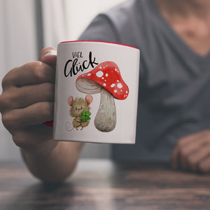 Maus mit Fliegenpilz Kaffeebecher mit Spruch Viel Glück