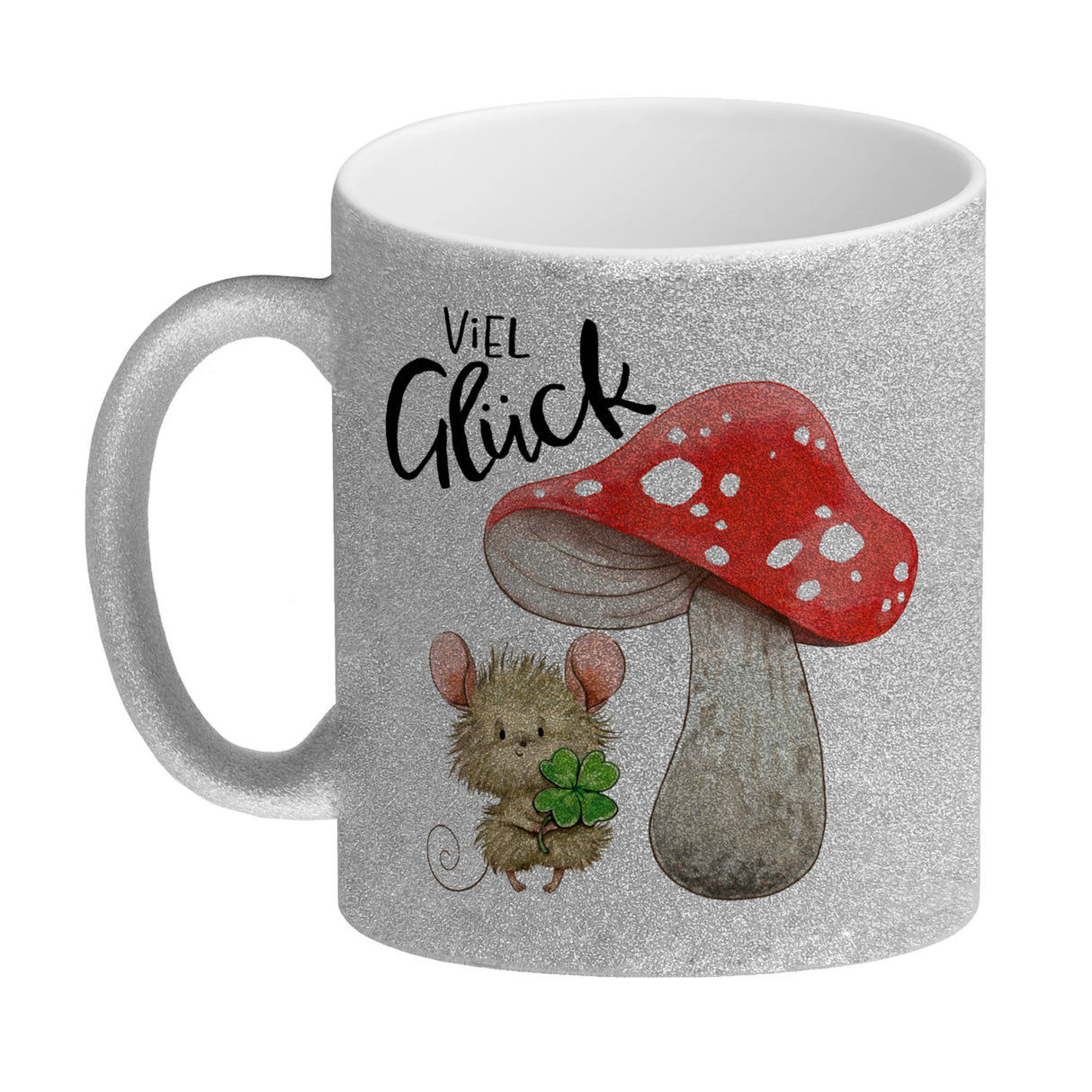 Maus mit Fliegenpilz Kaffeebecher mit Spruch Viel Glück