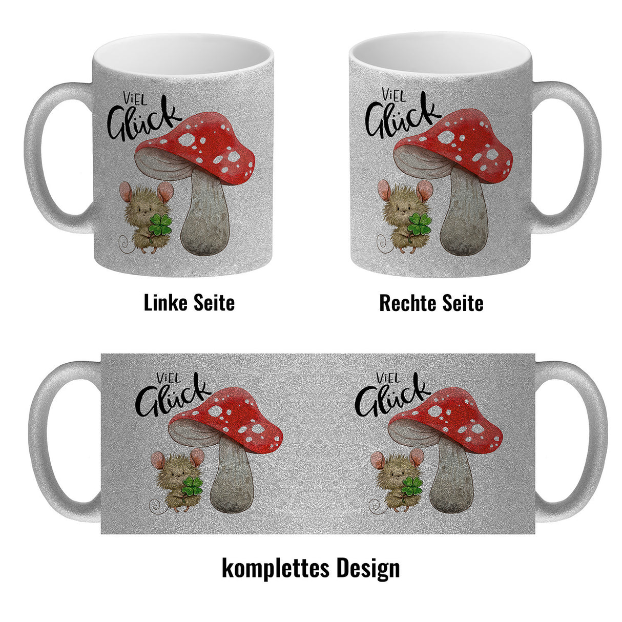 Maus mit Fliegenpilz Kaffeebecher mit Spruch Viel Glück