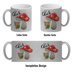 Maus mit Fliegenpilz Kaffeebecher mit Spruch Viel Glück