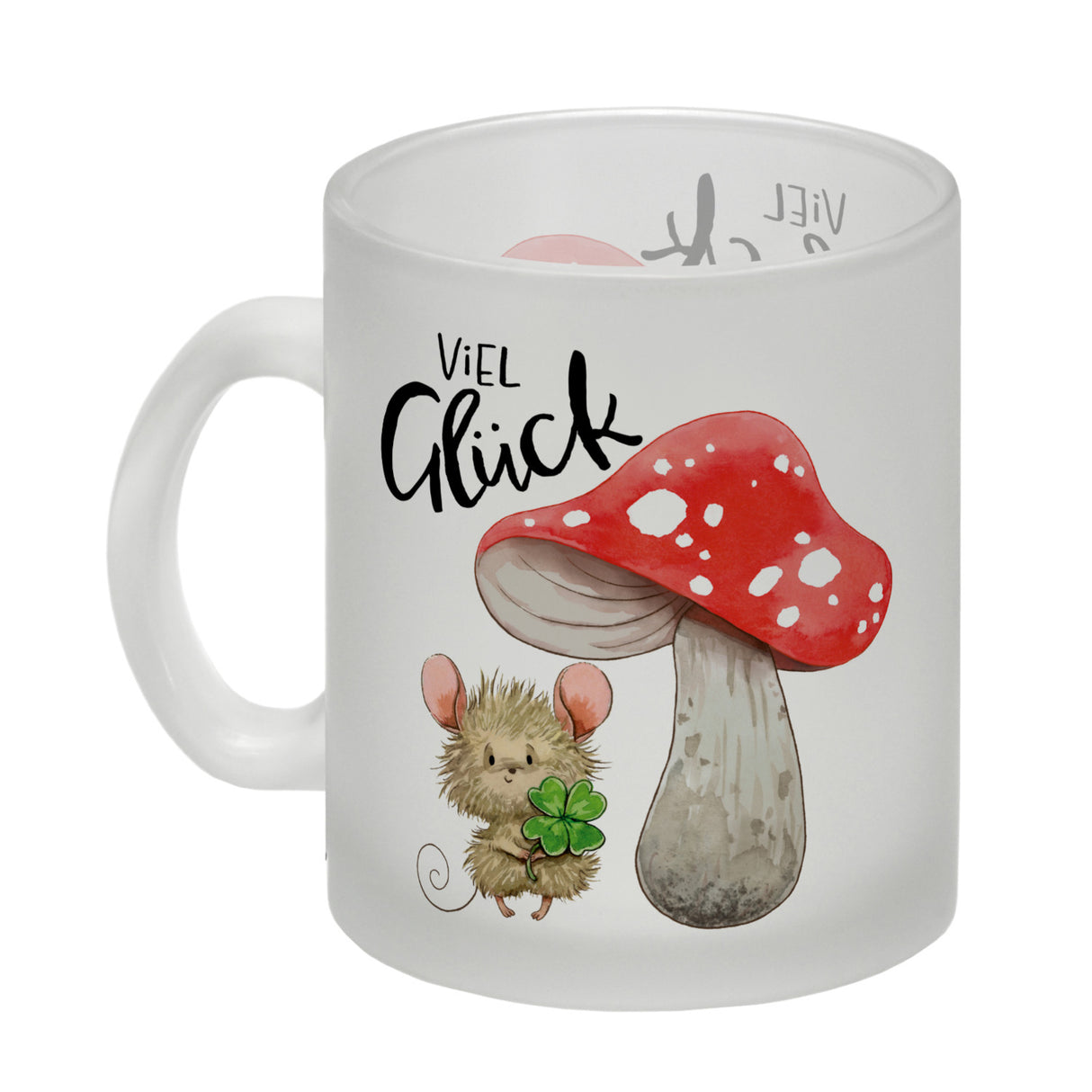 Maus mit Fliegenpilz Kaffeebecher mit Spruch Viel Glück