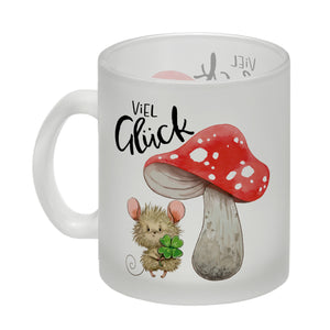 Maus mit Fliegenpilz Kaffeebecher mit Spruch Viel Glück