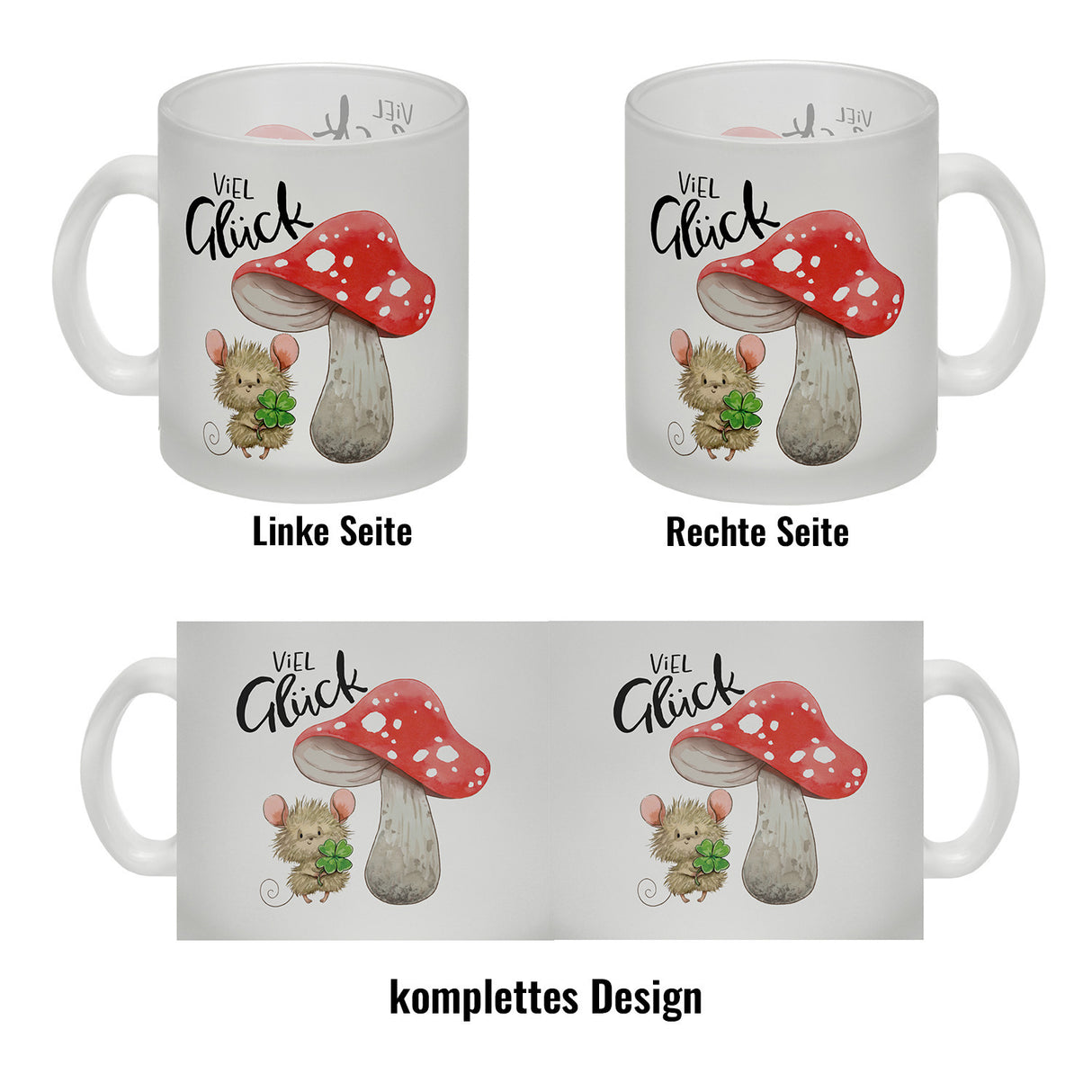 Maus mit Fliegenpilz Kaffeebecher mit Spruch Viel Glück
