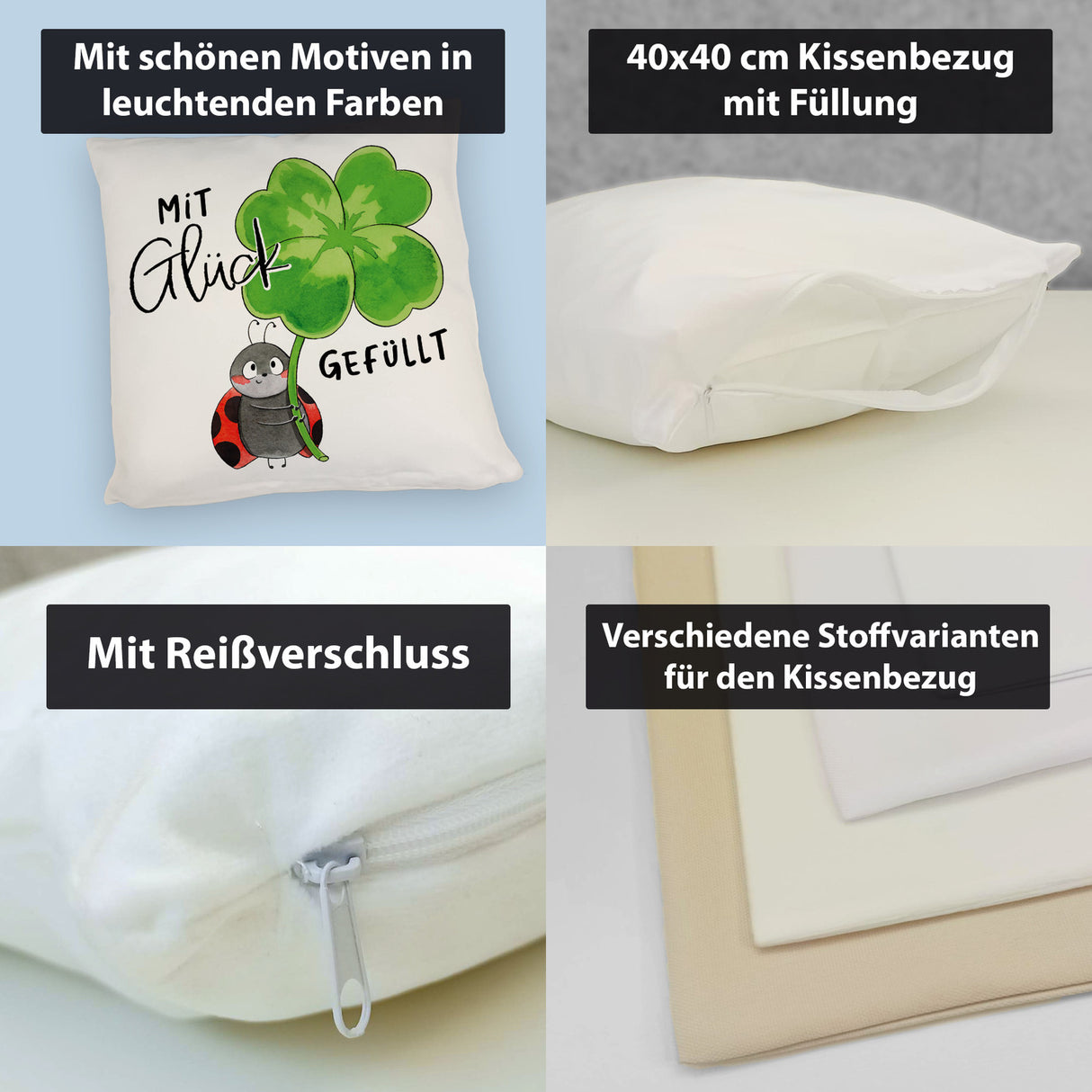 Marienkäfer Kissen mit Spruch Mit Glück gefüllt