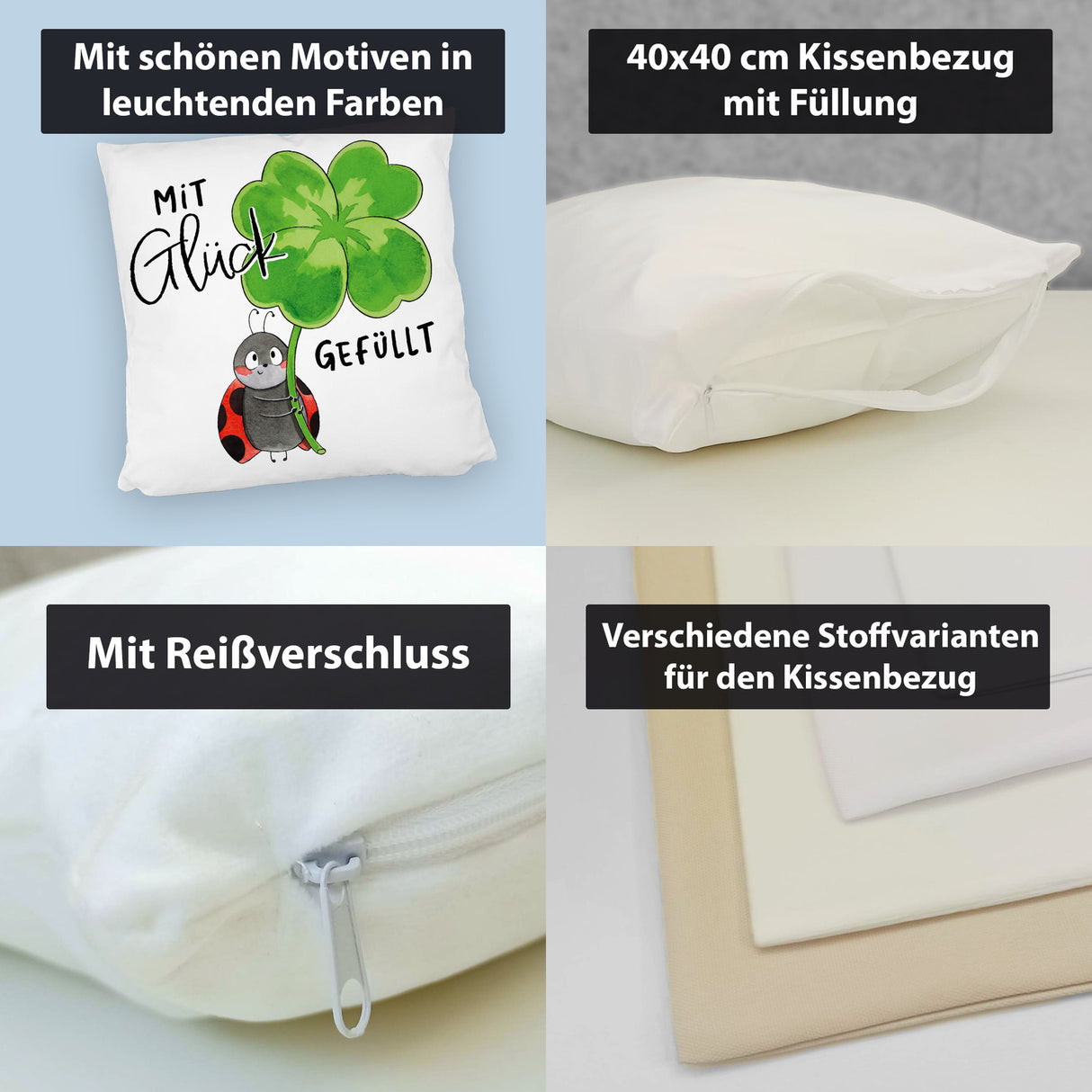 Marienkäfer Kissen mit Spruch Mit Glück gefüllt