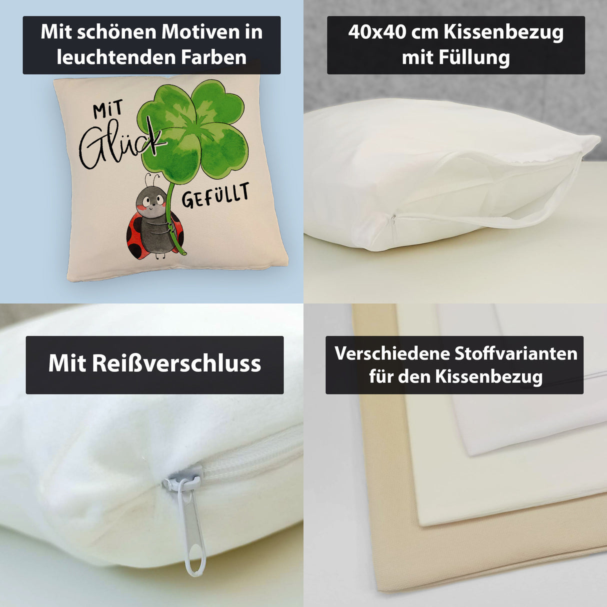 Marienkäfer Kissen mit Spruch Mit Glück gefüllt