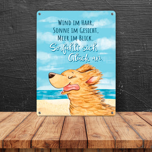 Hund Metallschild in 15x20 cm mit Spruch Wind Sonne Meer - pures Glück
