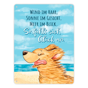Hund Metallschild in 15x20 cm mit Spruch Wind Sonne Meer - pures Glück