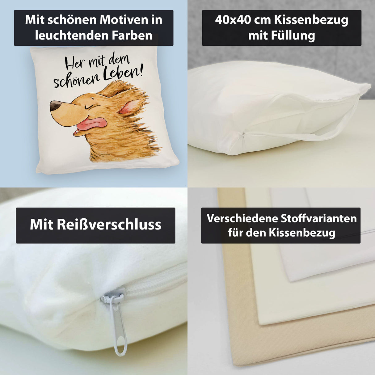 Hund Kissen mit Spruch Her mit dem schönen Leben