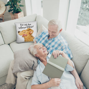 Hund Kissen mit Spruch Her mit dem schönen Leben