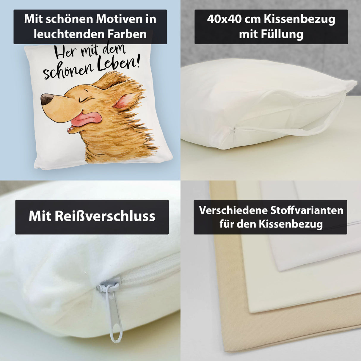 Hund Kissen mit Spruch Her mit dem schönen Leben