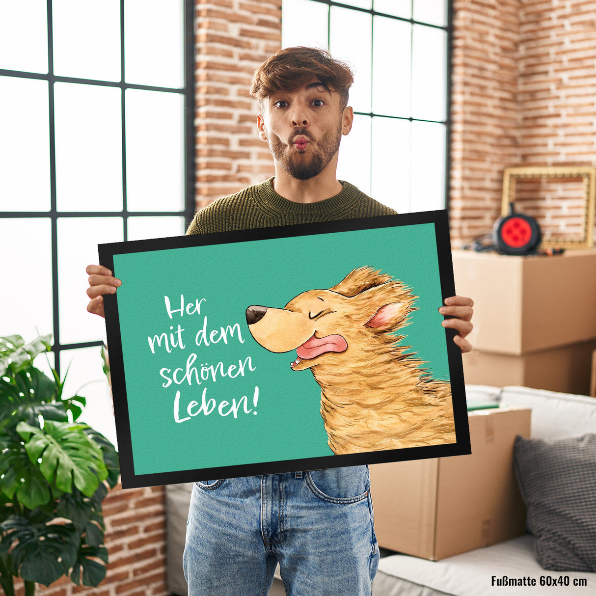 Hund Fußmatte in 35x50 cm mit Spruch Her mit dem schönen Leben