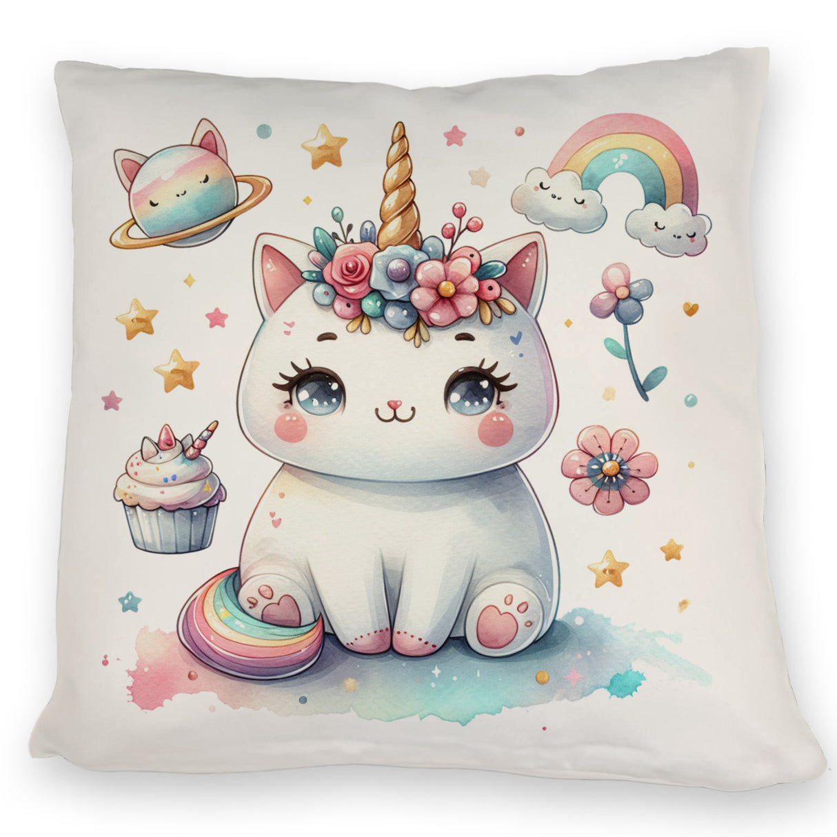 Einhorn-Katze Aquarell Kissen