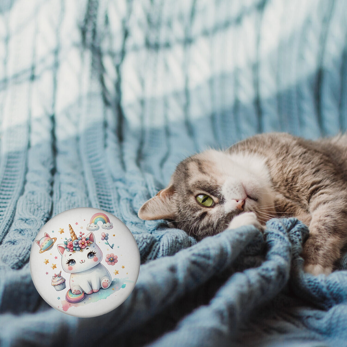 Einhorn-Katze Aquarell Magnet rund