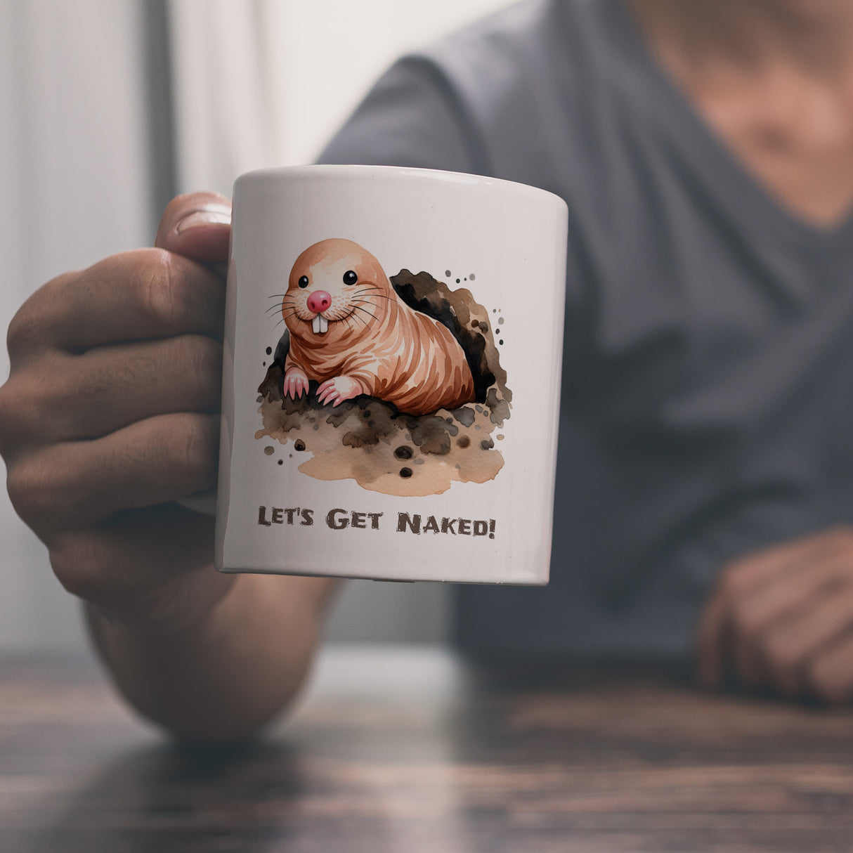 Nacktmull Kaffeebecher mit Spruch Lets Get Naked