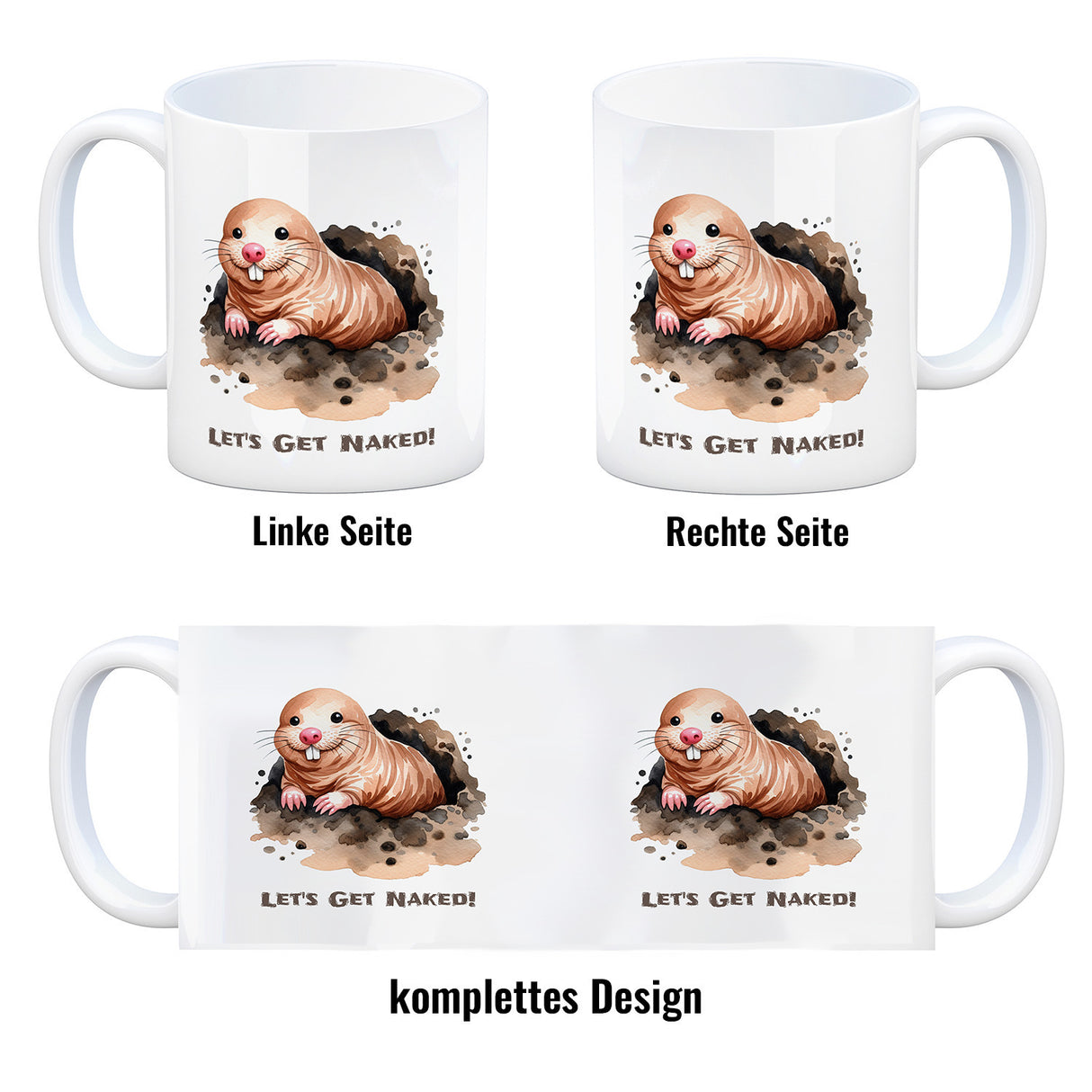 Nacktmull Kaffeebecher mit Spruch Lets Get Naked