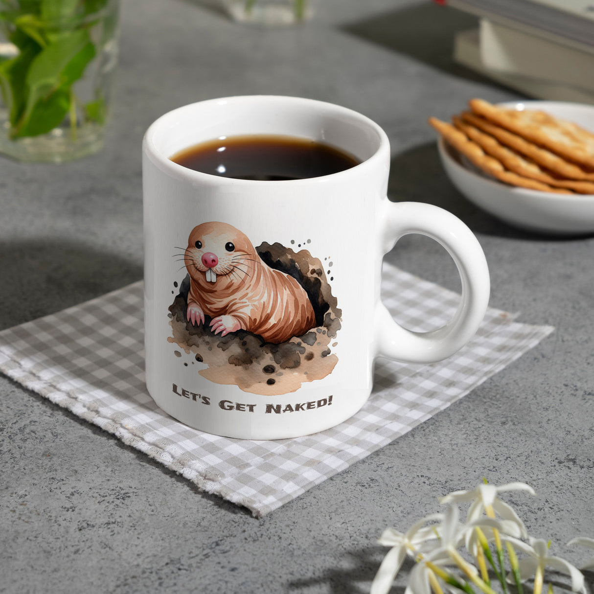 Nacktmull Kaffeebecher mit Spruch Lets Get Naked