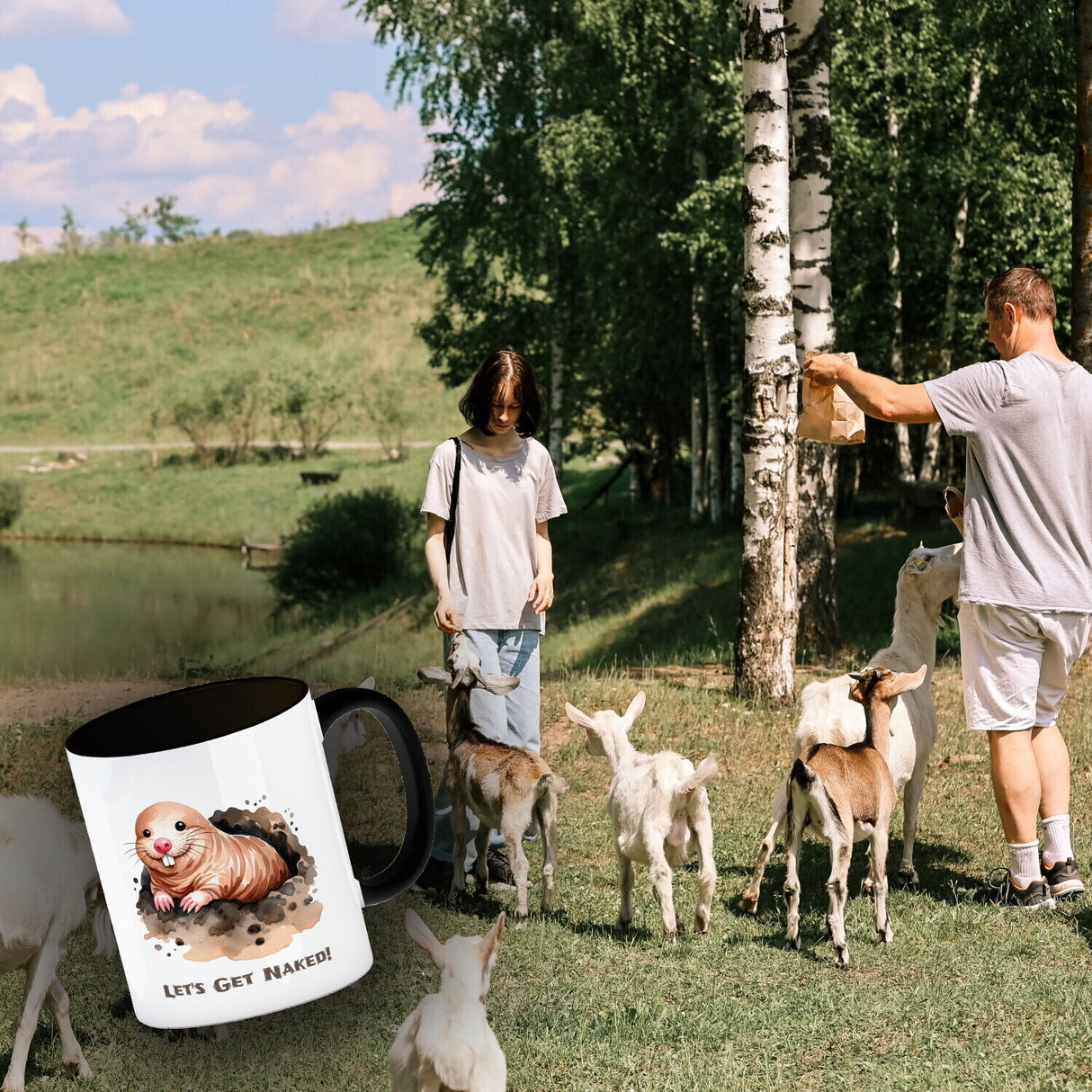 Nacktmull Kaffeebecher mit Spruch Lets Get Naked