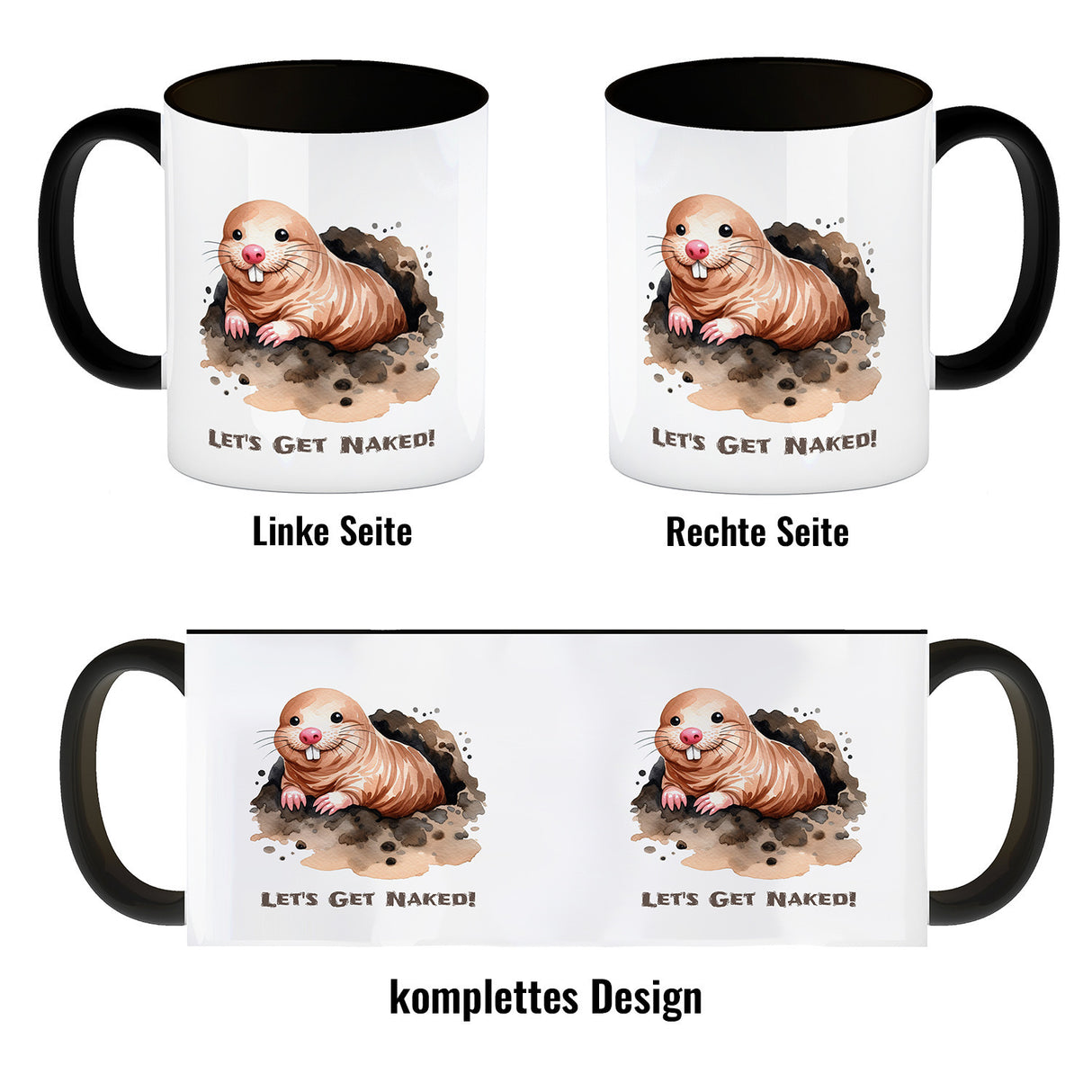 Nacktmull Kaffeebecher mit Spruch Lets Get Naked
