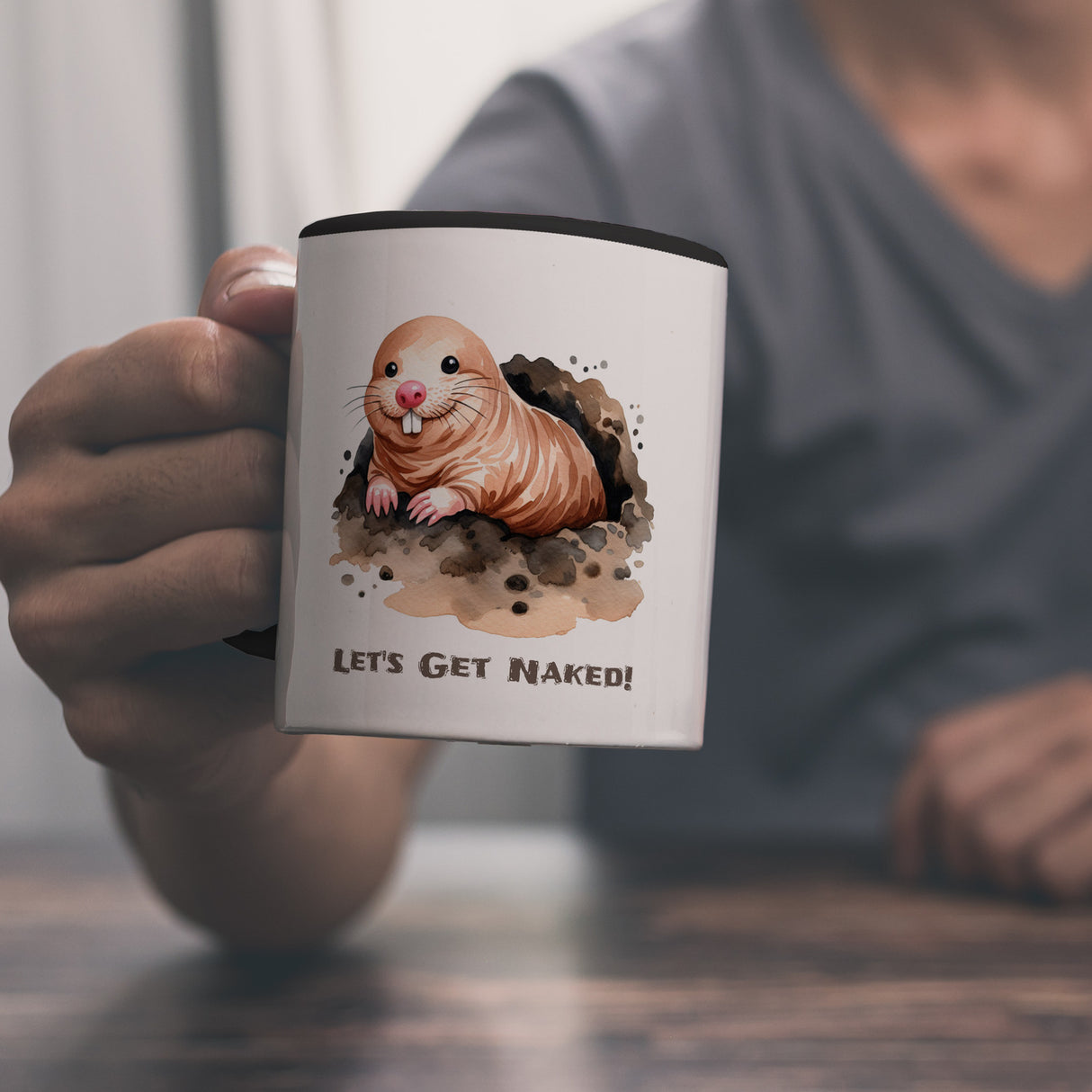 Nacktmull Kaffeebecher mit Spruch Lets Get Naked