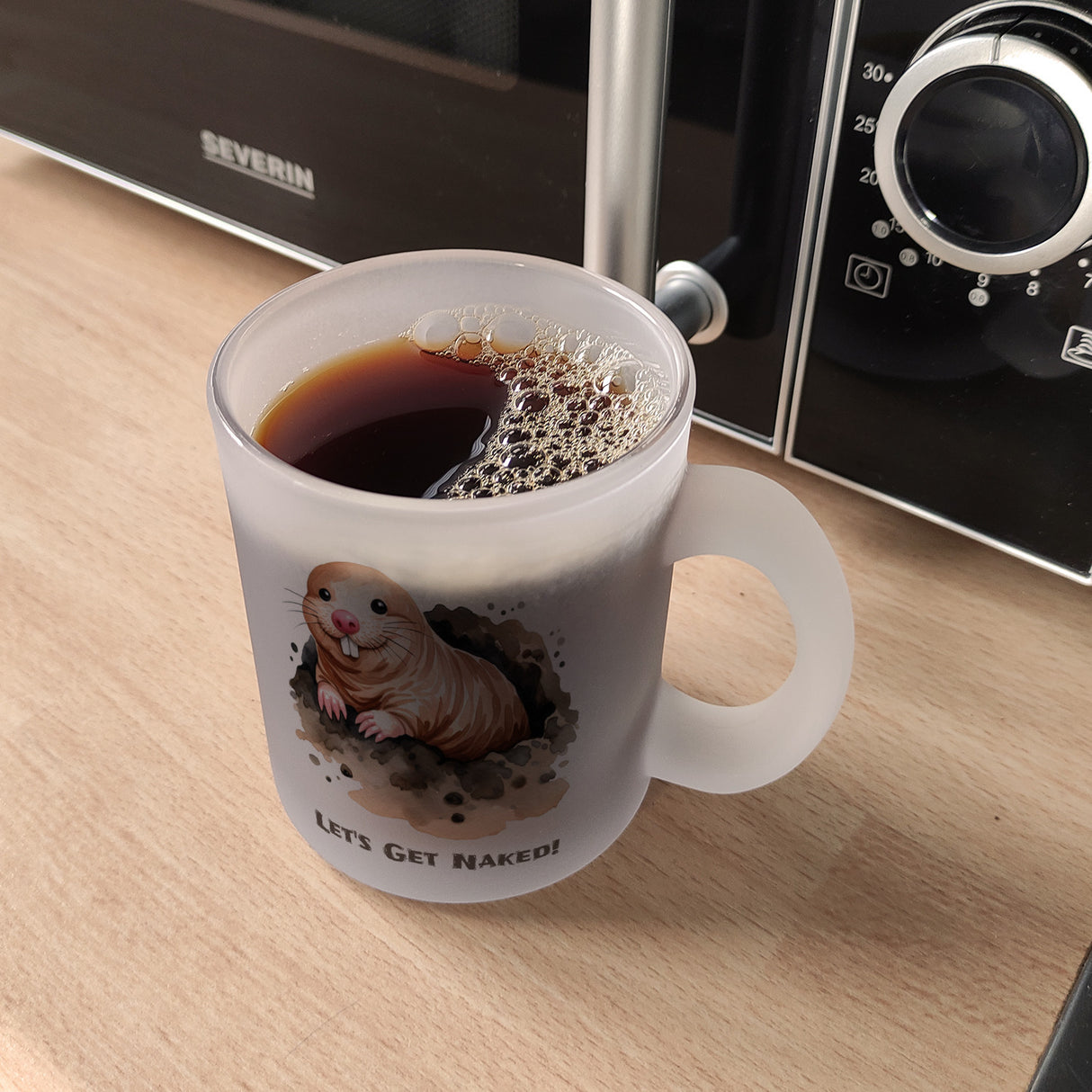 Nacktmull Kaffeebecher mit Spruch Lets Get Naked