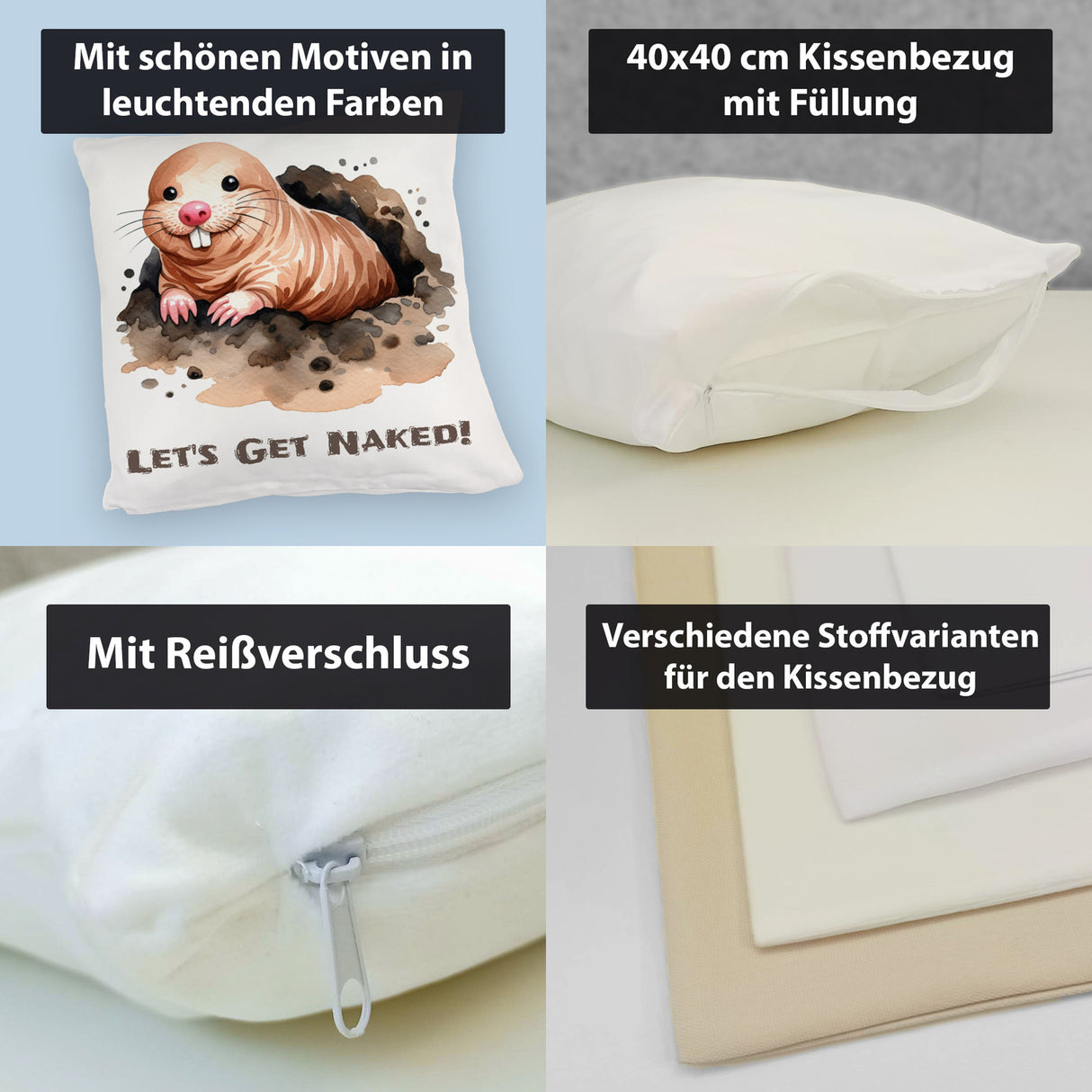 Nacktmull Kissen mit Spruch Lets Get Naked