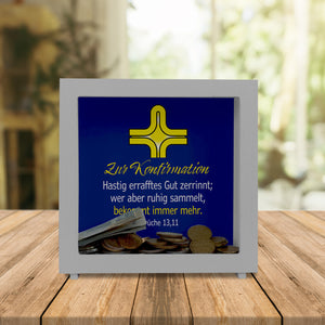 Zur Konfirmation Spardose mit Bibelvers Sprüche 13,11