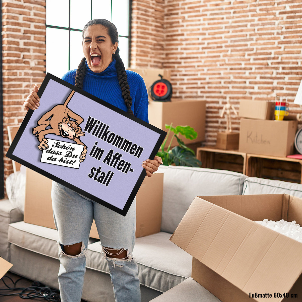 Affe Fußmatte in 35x50 cm mit Spruch Willkommen im Affenstall