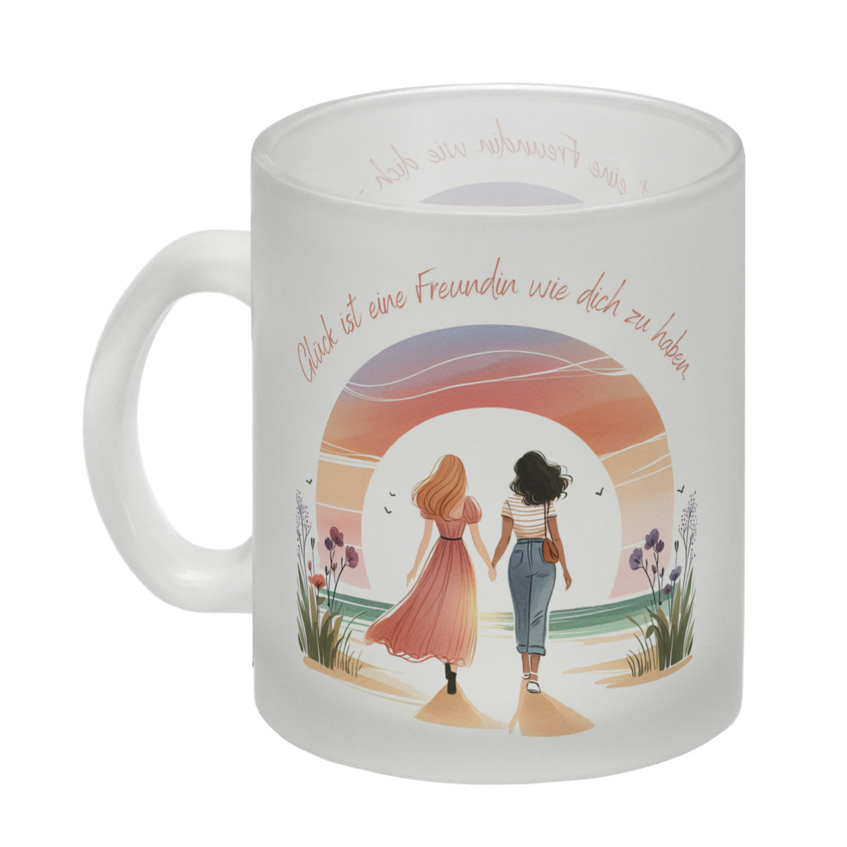 Freundinnen Sonnenuntergang Kaffeebecher mit Spruch Glück ist deine Freundschaft