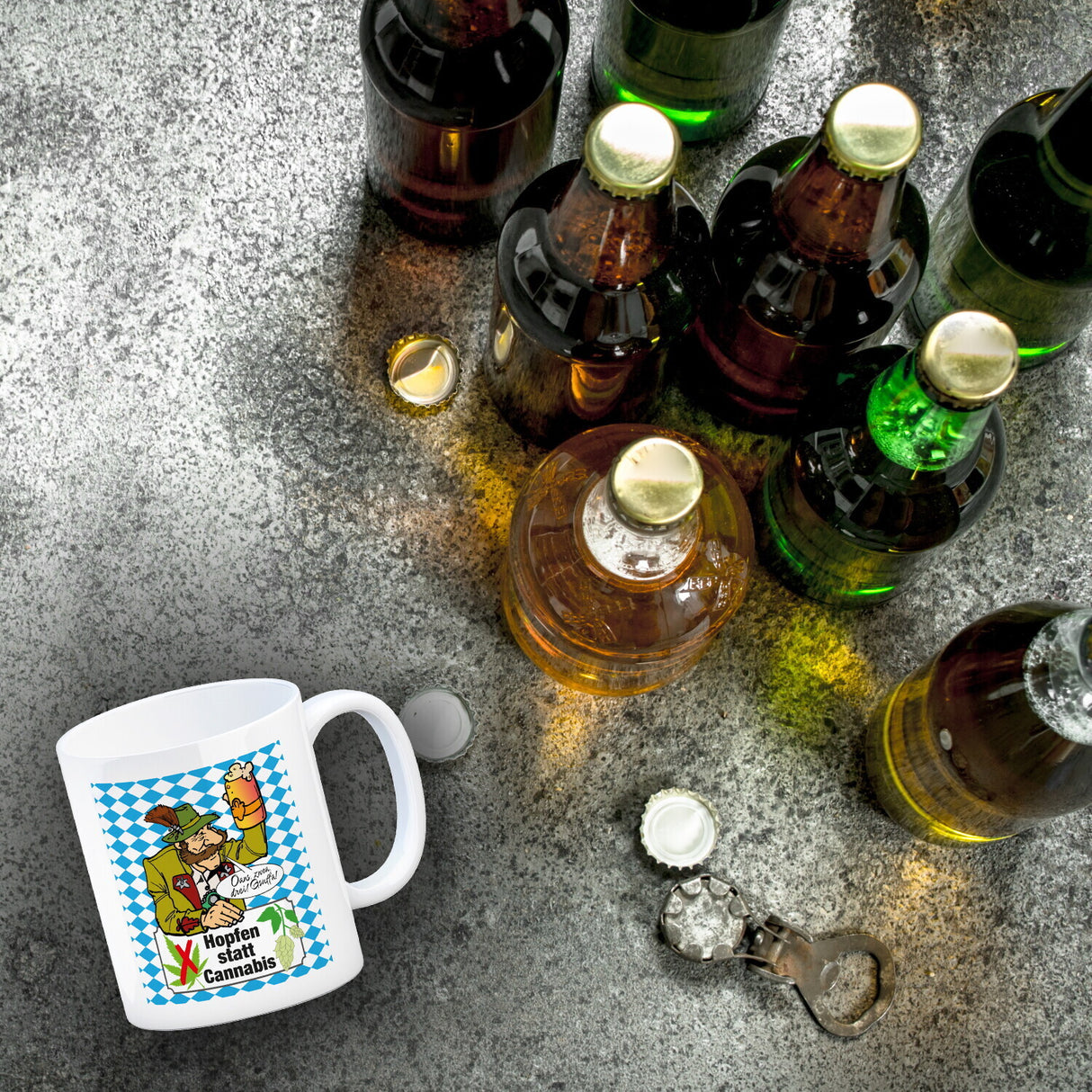 Hopfen statt Cannabis Kaffeebecher mit Spruch Oans zwoa drei Gsuffa