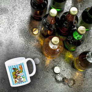 Hopfen statt Cannabis Kaffeebecher mit Spruch Oans zwoa drei Gsuffa