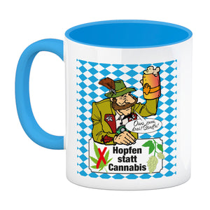 Hopfen statt Cannabis Kaffeebecher mit Spruch Oans zwoa drei Gsuffa
