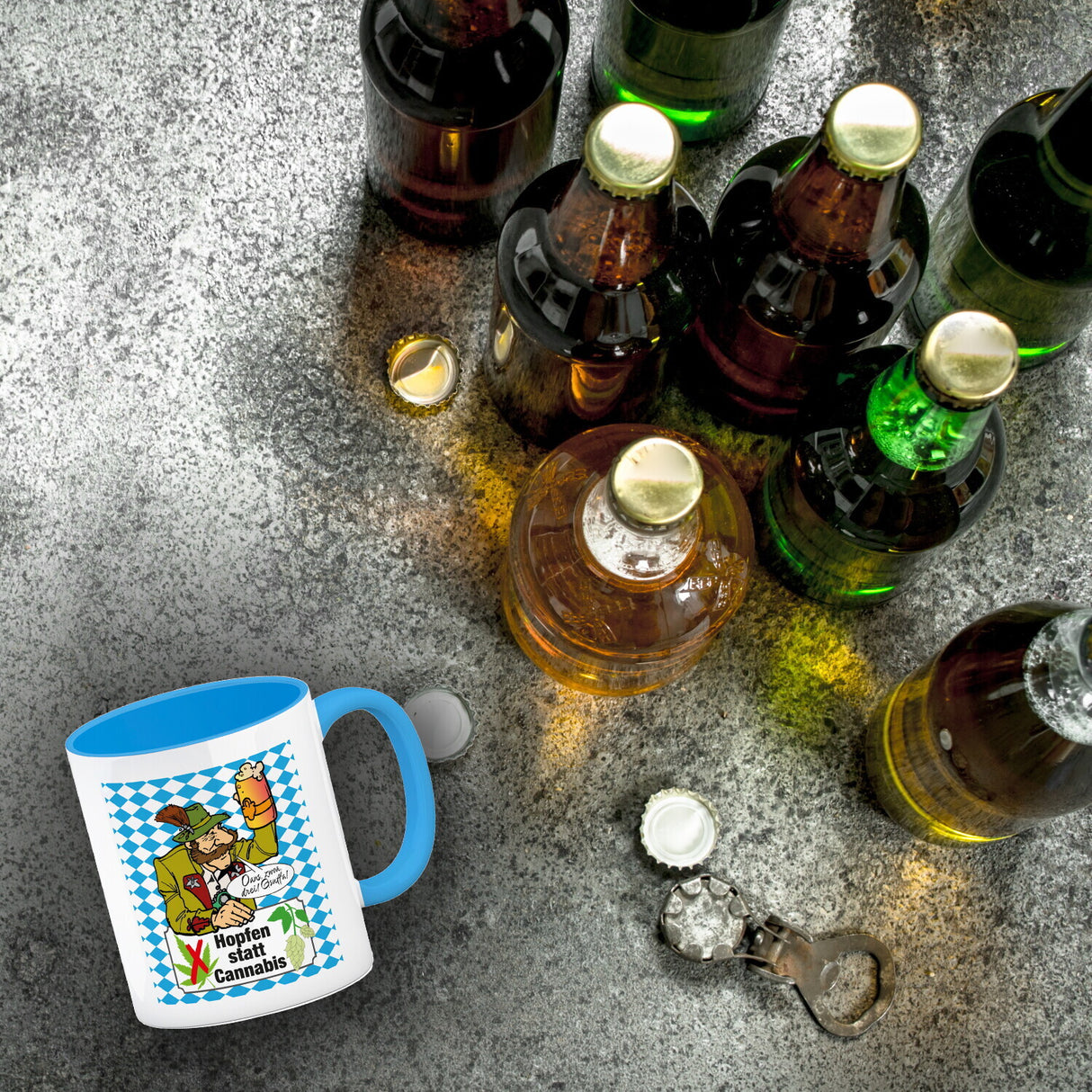Hopfen statt Cannabis Kaffeebecher mit Spruch Oans zwoa drei Gsuffa