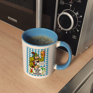 Hopfen statt Cannabis Kaffeebecher mit Spruch Oans zwoa drei Gsuffa