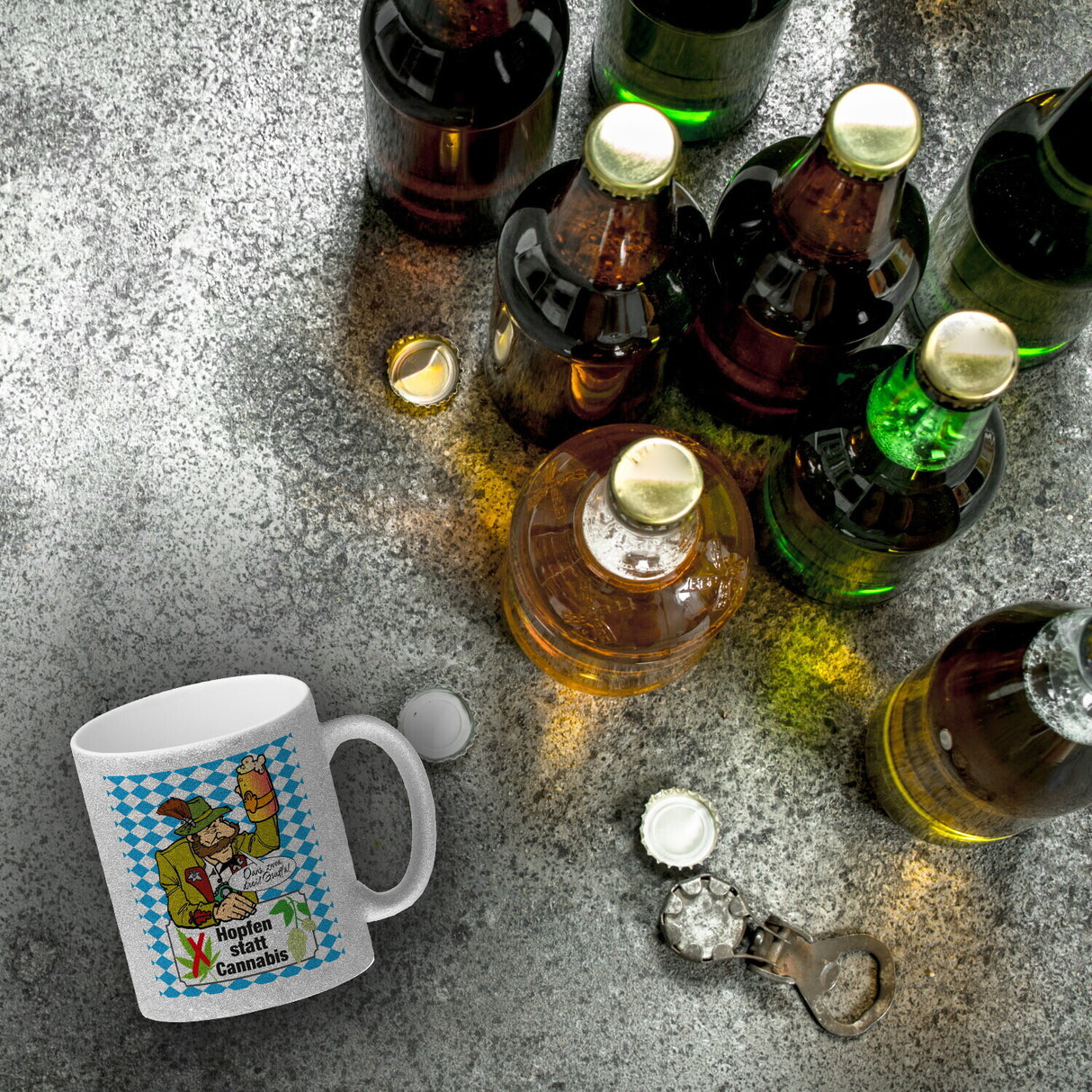 Hopfen statt Cannabis Kaffeebecher mit Spruch Oans zwoa drei Gsuffa