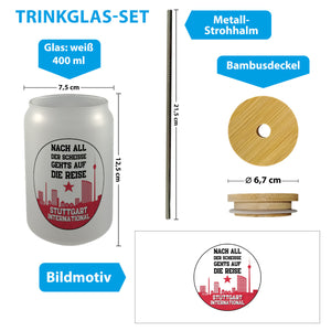 Stuttgart Europapokal Trinkglas mit Bambusdeckel mit Spruch Stuttgart International