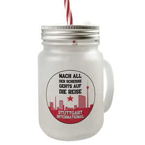 Stuttgart Europapokal Trinkglas mit Bambusdeckel mit Spruch Stuttgart International