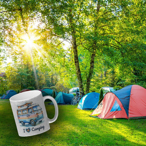 Campervan Kaffeebecher mit Spruch I love Camping