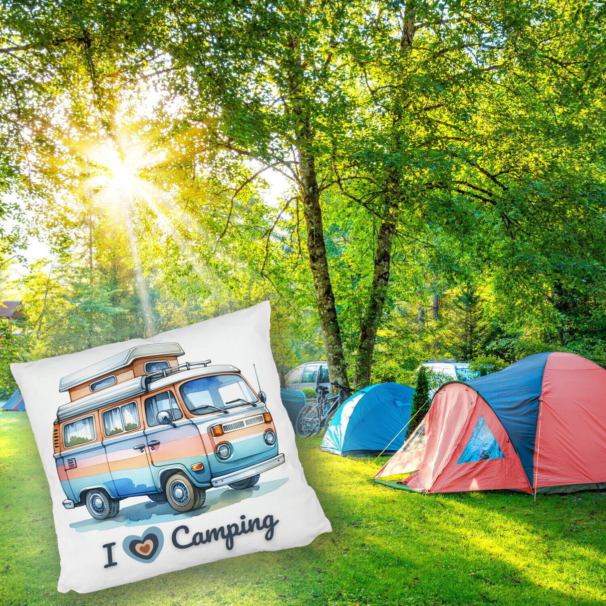 Campervan Kissen mit Spruch I love Camping