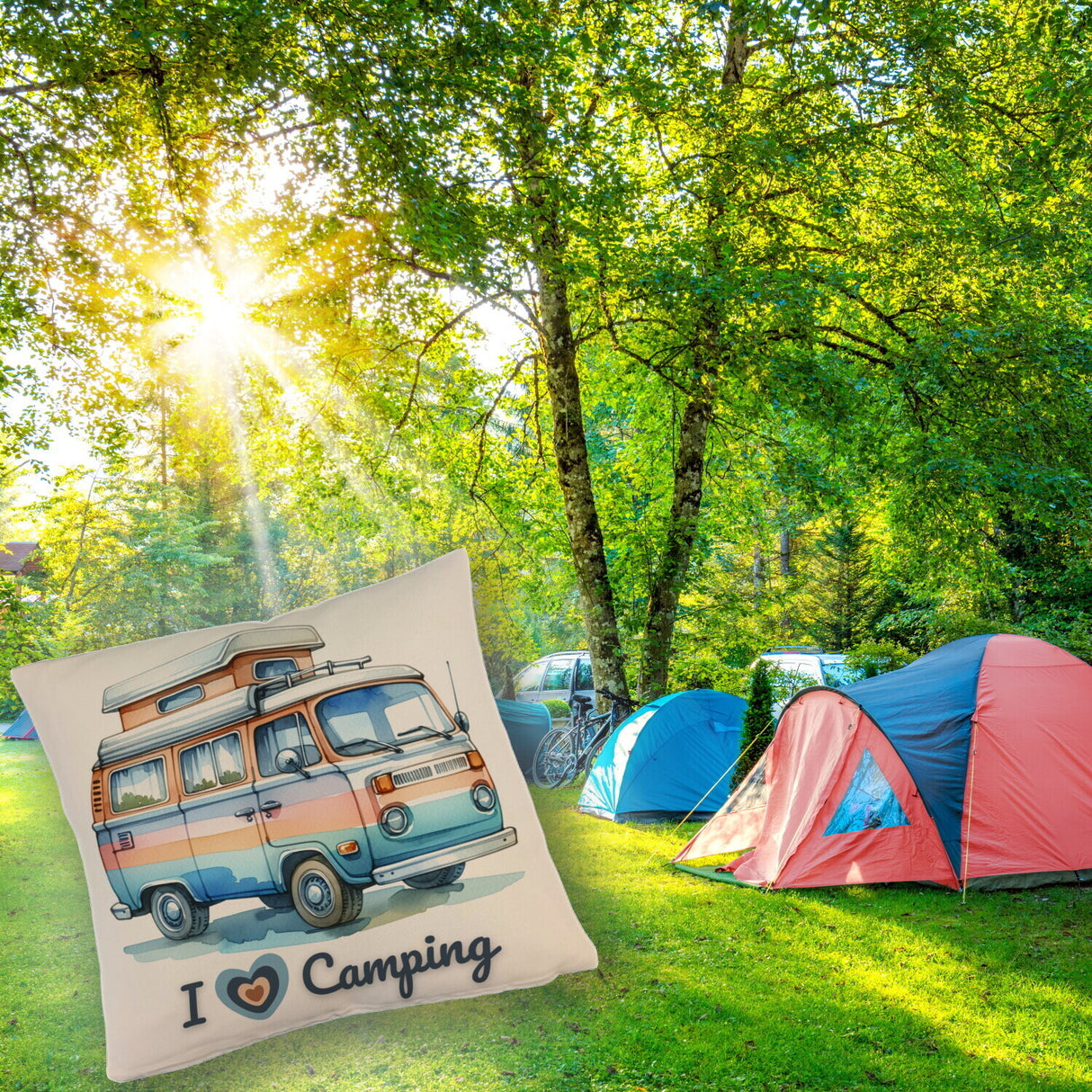 Campervan Kissen mit Spruch I love Camping