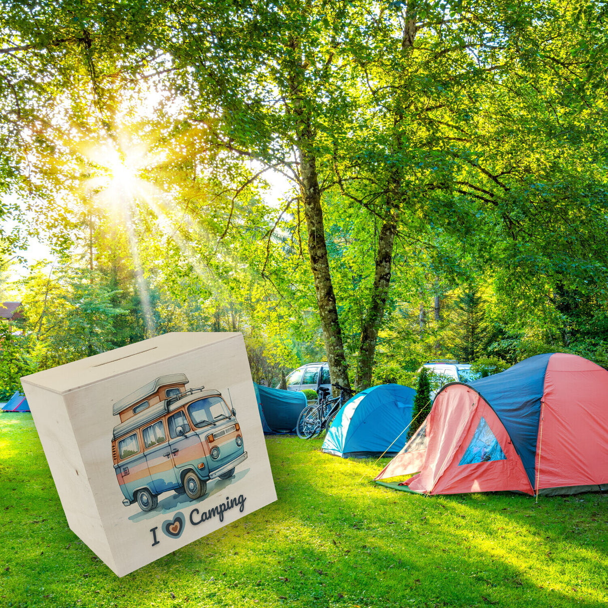 Campervan Spardose mit Spruch I love Camping