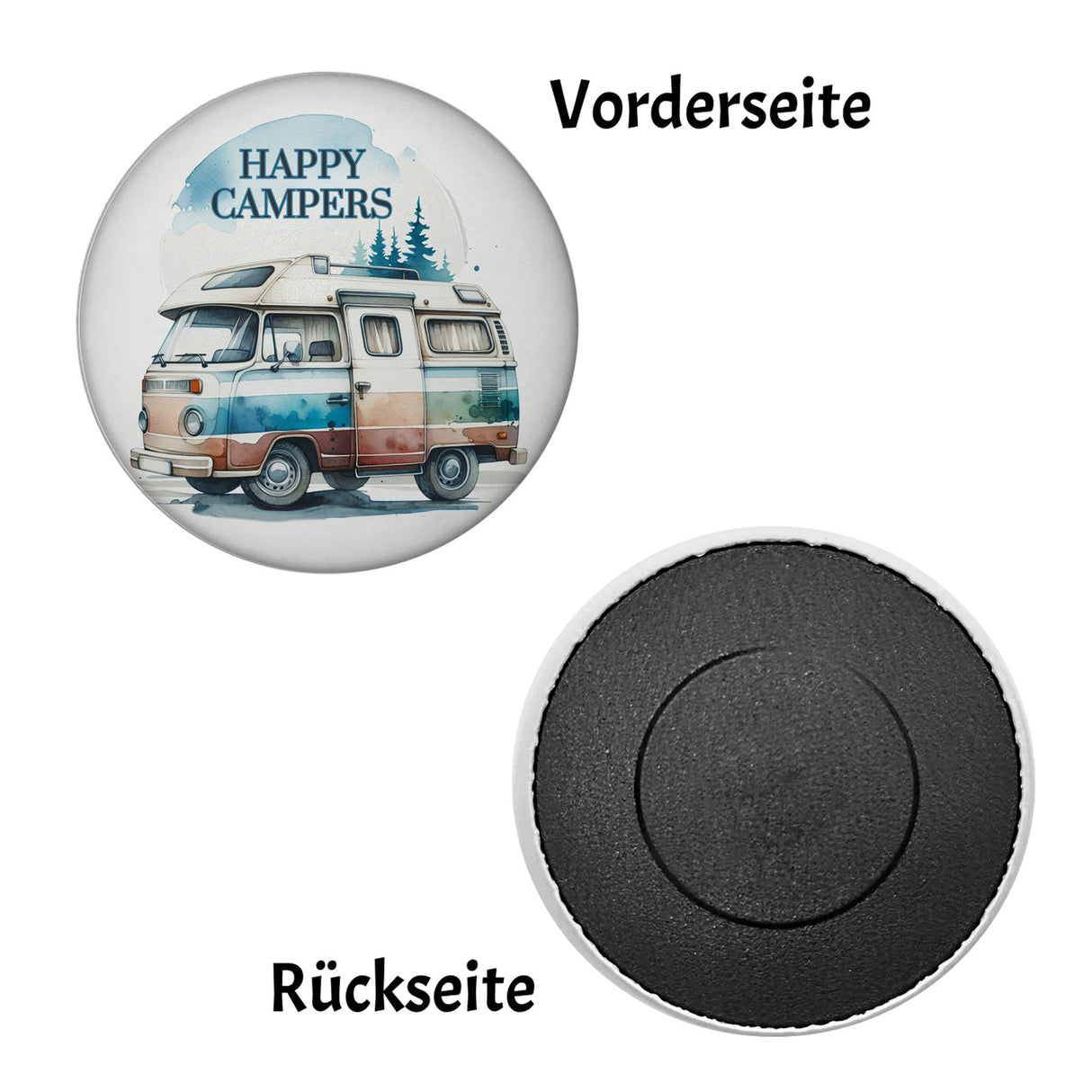 Campingwagen Magnet rund mit Spruch Happy Campers