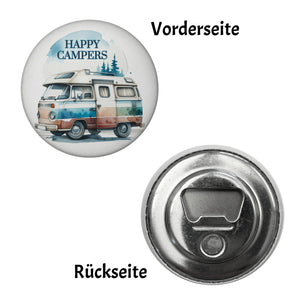 Campingwagen Magnet rund mit Spruch Happy Campers