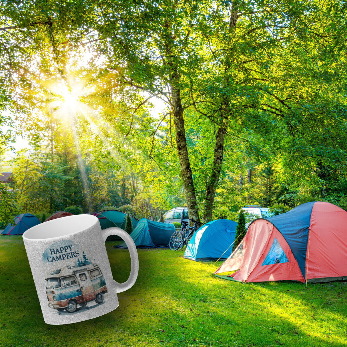 Campingwagen Kaffeebecher mit Spruch Happy Campers